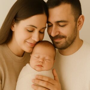 Magda i Tomasz – rodzice po sesji noworodkowej, uśmiechnięci, zadowoleni z pracy zespołu Fotografia Olivia w Katowicach